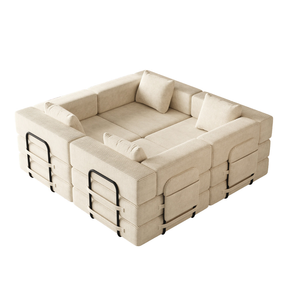 4-Seat Folding Sofa Bed w/ Storage Pockets, Corduroy Fabric, Beige