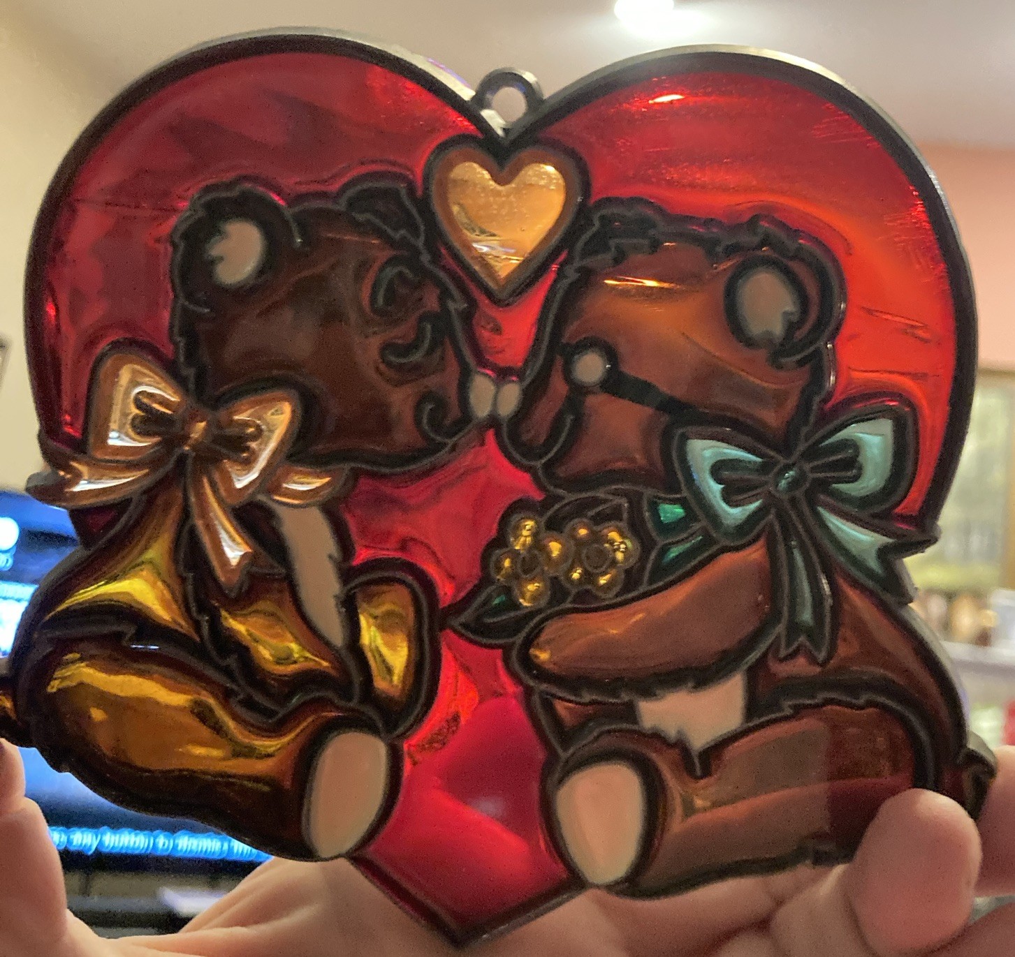 Teddy Bears Stained Glass Sun catcher Valentine’s Day 4” Vintage NOS