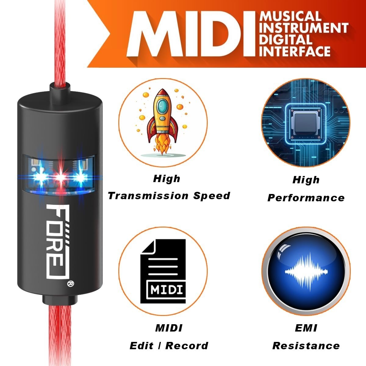 FORE MIDI to USB Interface for Keyboard & Synthesizer - 6.5ft Cable