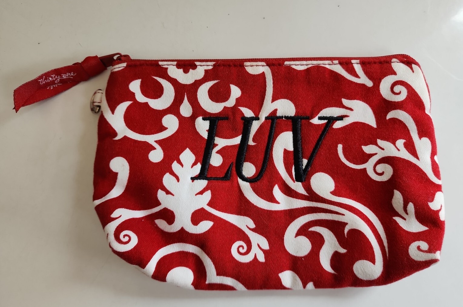 Thirty-One Zippered Pouch Red/White Embroidered "LUV"