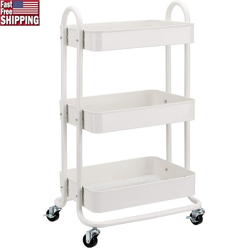 3-Tier Rolling Metal Utility Cart Kitchen Storage W/ Wheels & Push Handle New