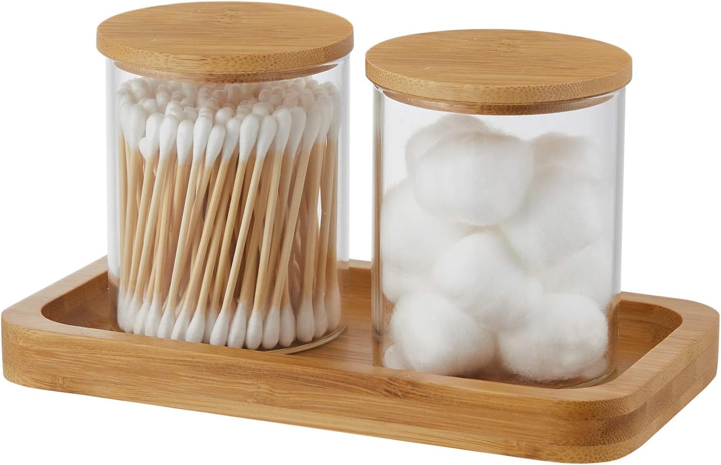 Glass Qtip Holder with Vanity Tray, Apothecary Jars Bathroom Accessories