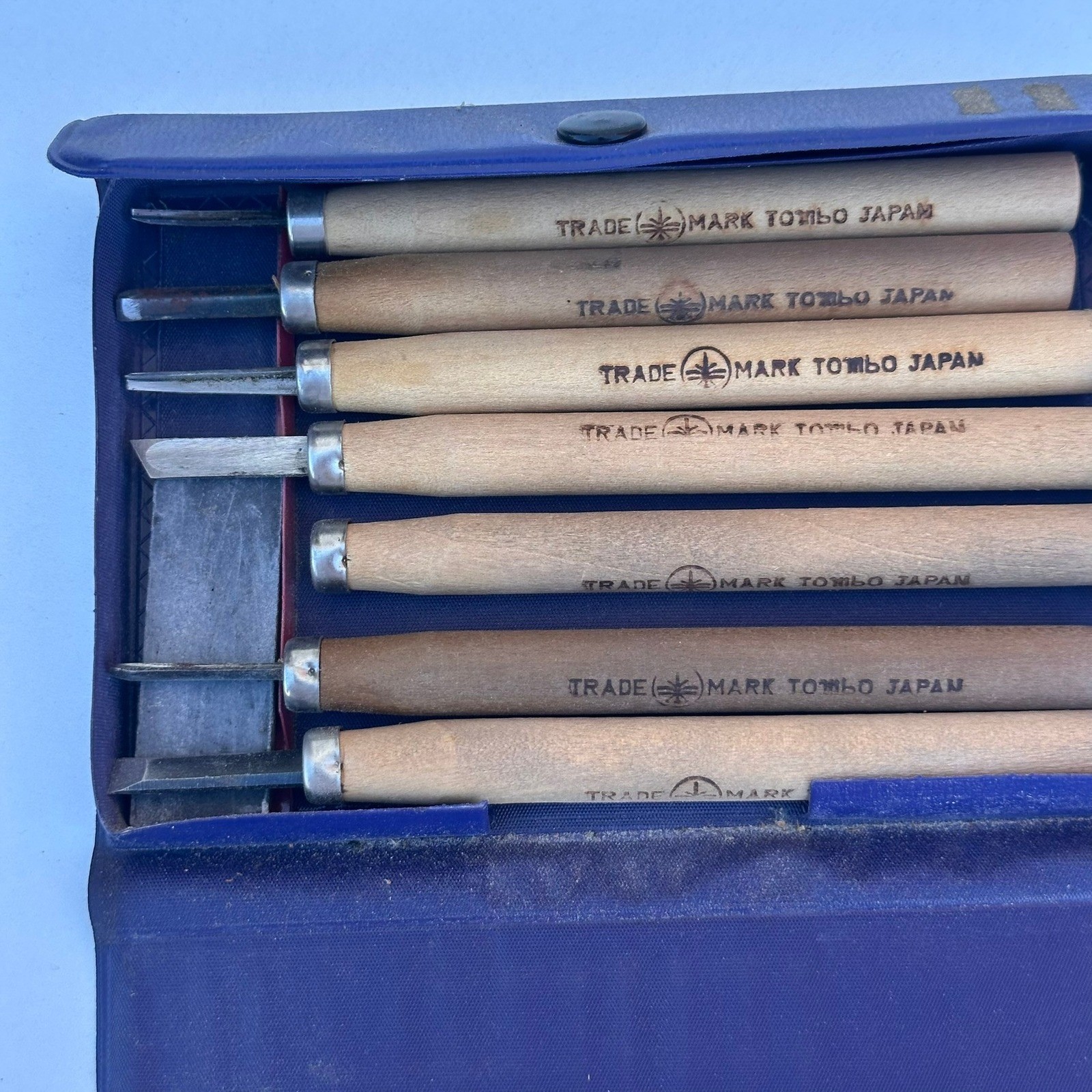 Vintage Japanese Tombo Wood Carving Tool Set 8 Pc Chisel Kit with Sharpen Stone