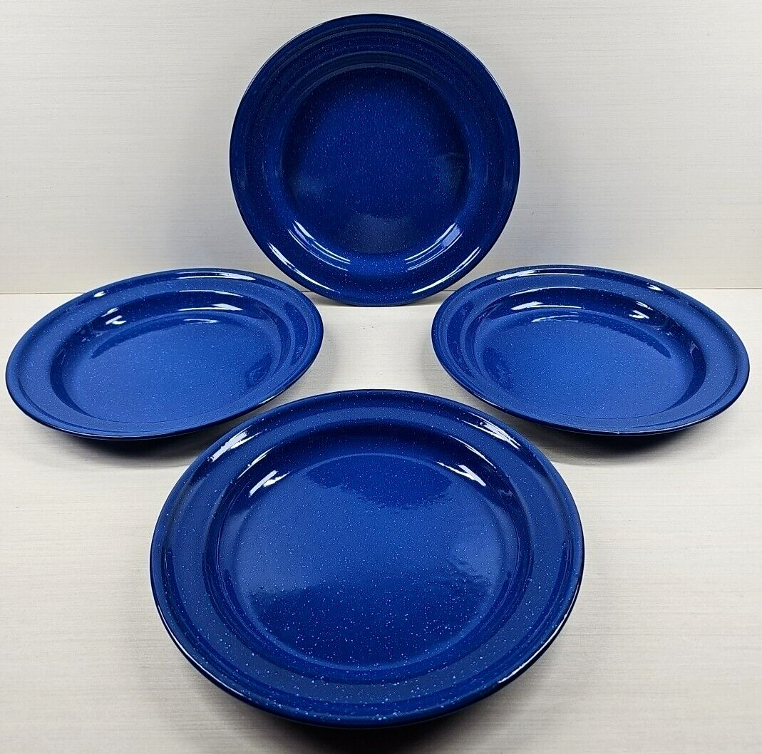 4 Blue White Speckled Enamelware Dinner Plates Set Metal Dish Hunt Camp Fish Lot