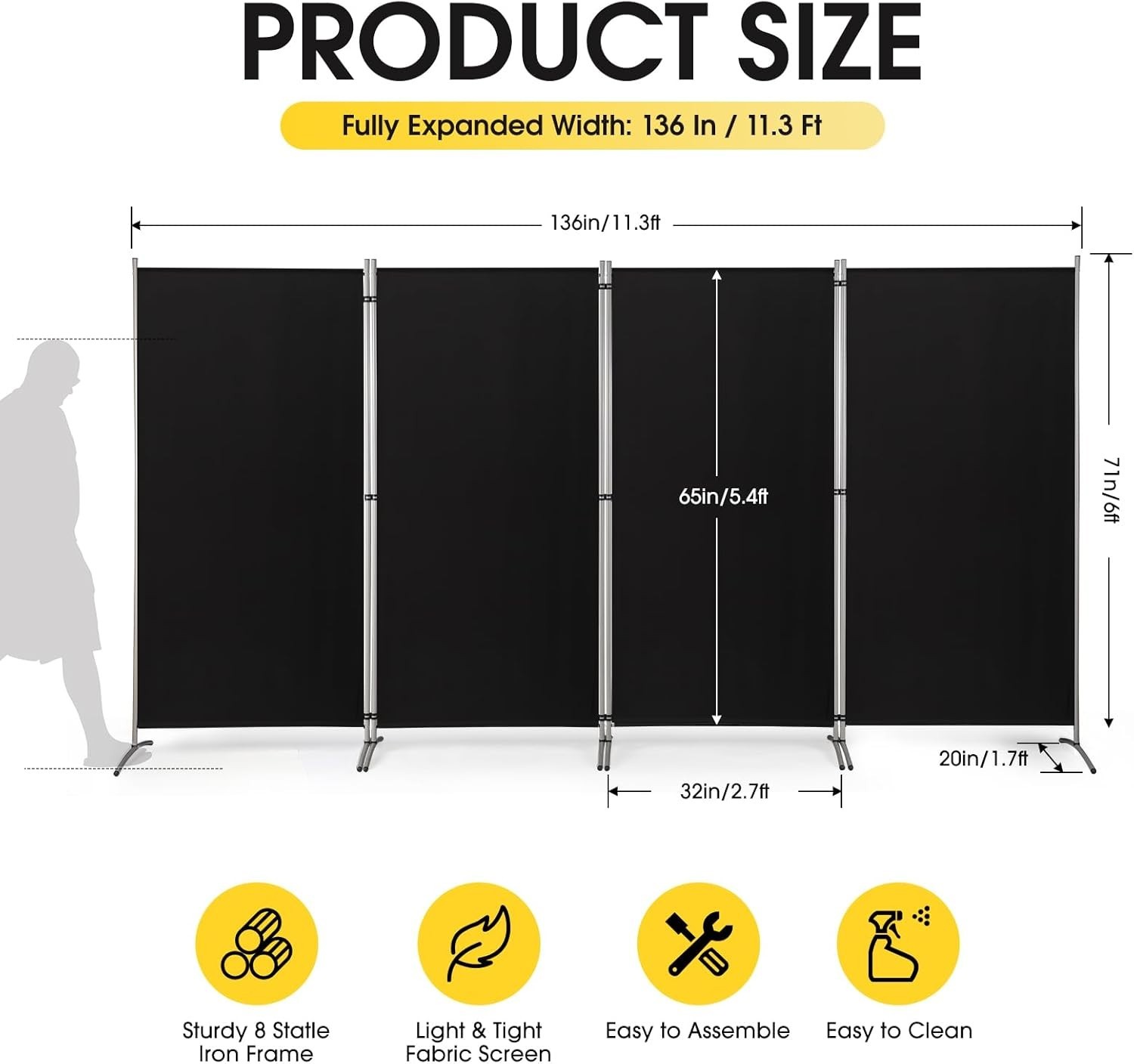 Foldable 4 Panel Freestanding Room Partition - Easy to Install Privacy Solution