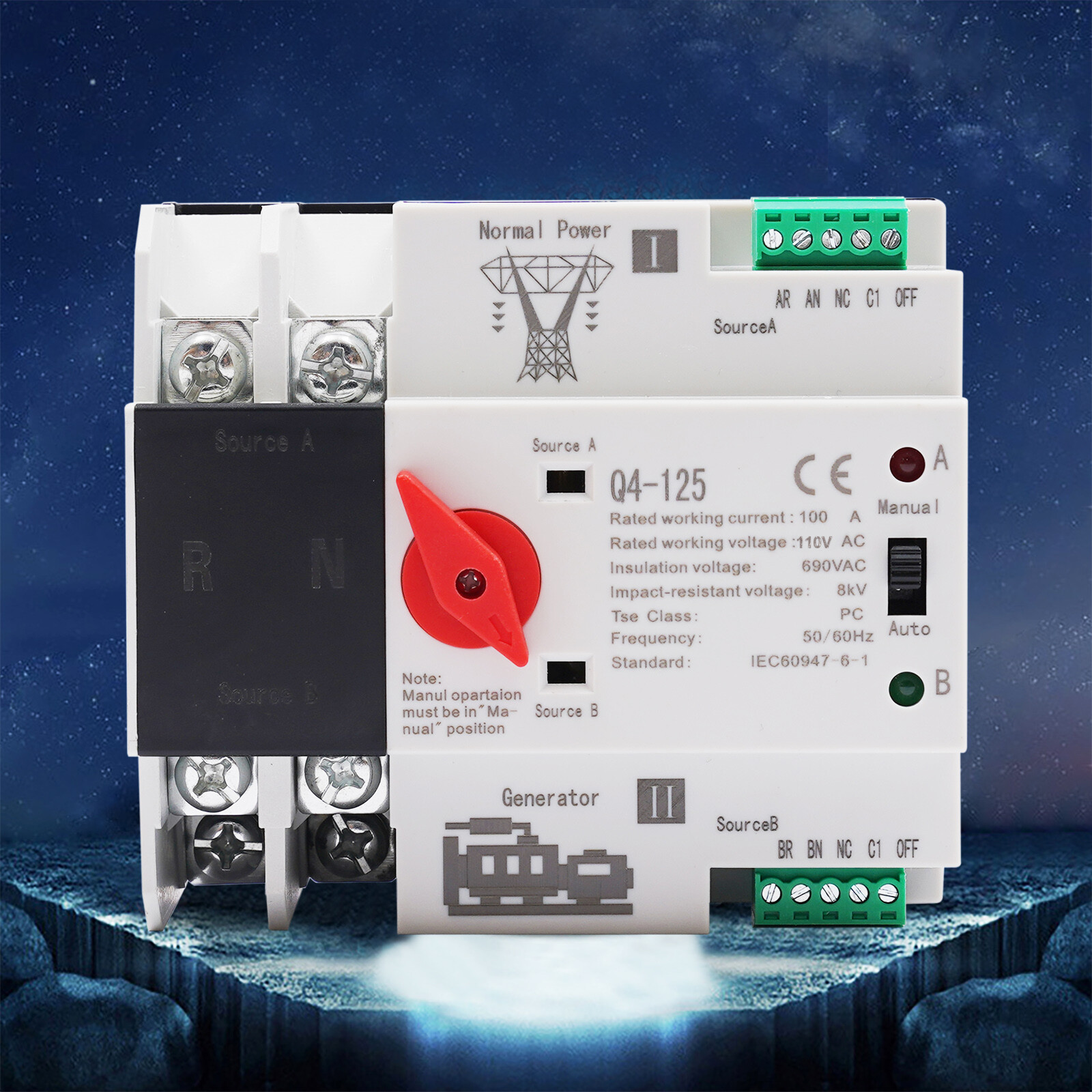 Automatic Transfer Switch 2P 100A Generator Changeover Switch Dual-Power NEW!