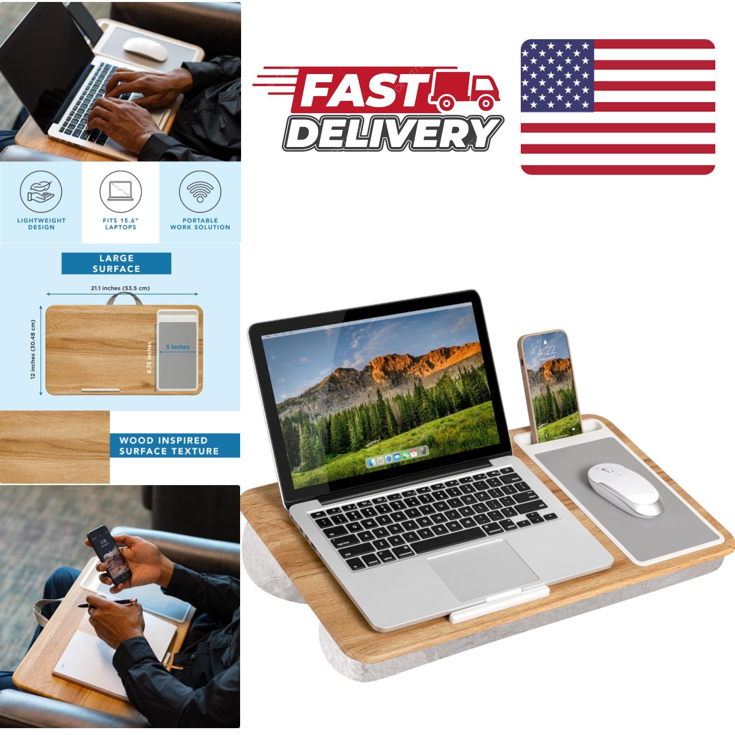 Spacious Lap Desk for Home Office Oak Woodgrain Fits Laptops up to 15.6 Inch