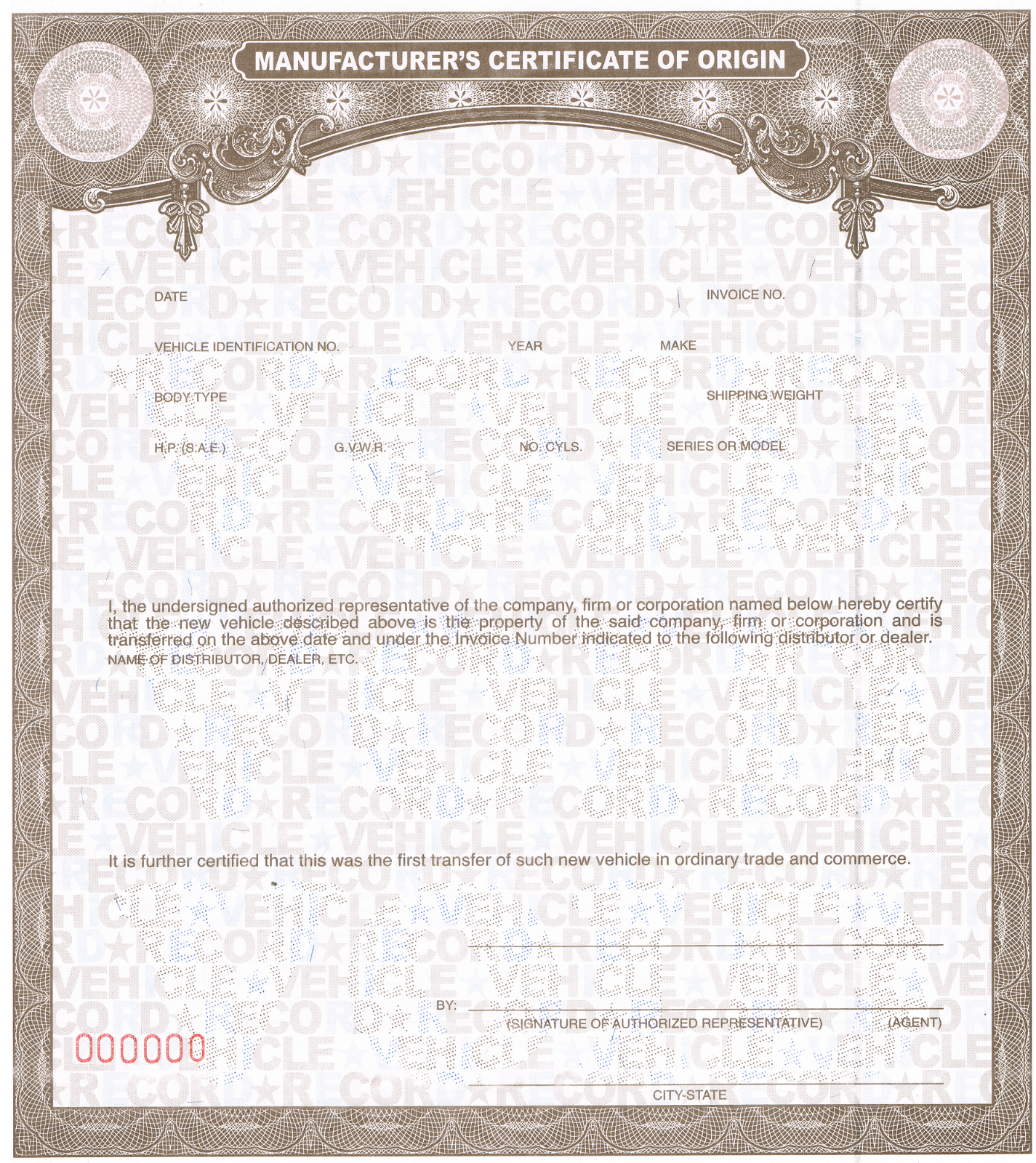 10 BLANK Certificate of Origin MSO MCO Form - Bikes Trikes Trailers Dune Buggies
