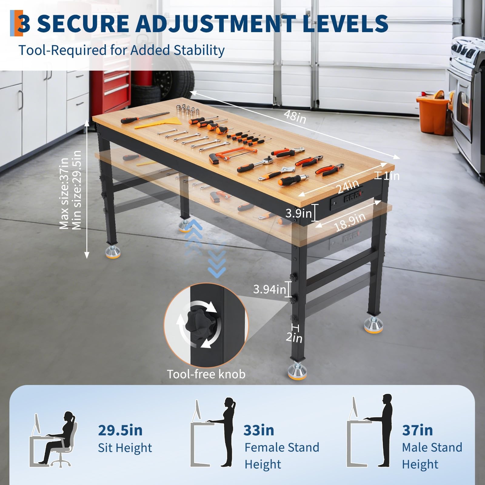 48" Workbench Adjustable Height Work Table Garage ,2500LBS Load Rubber Wood Top