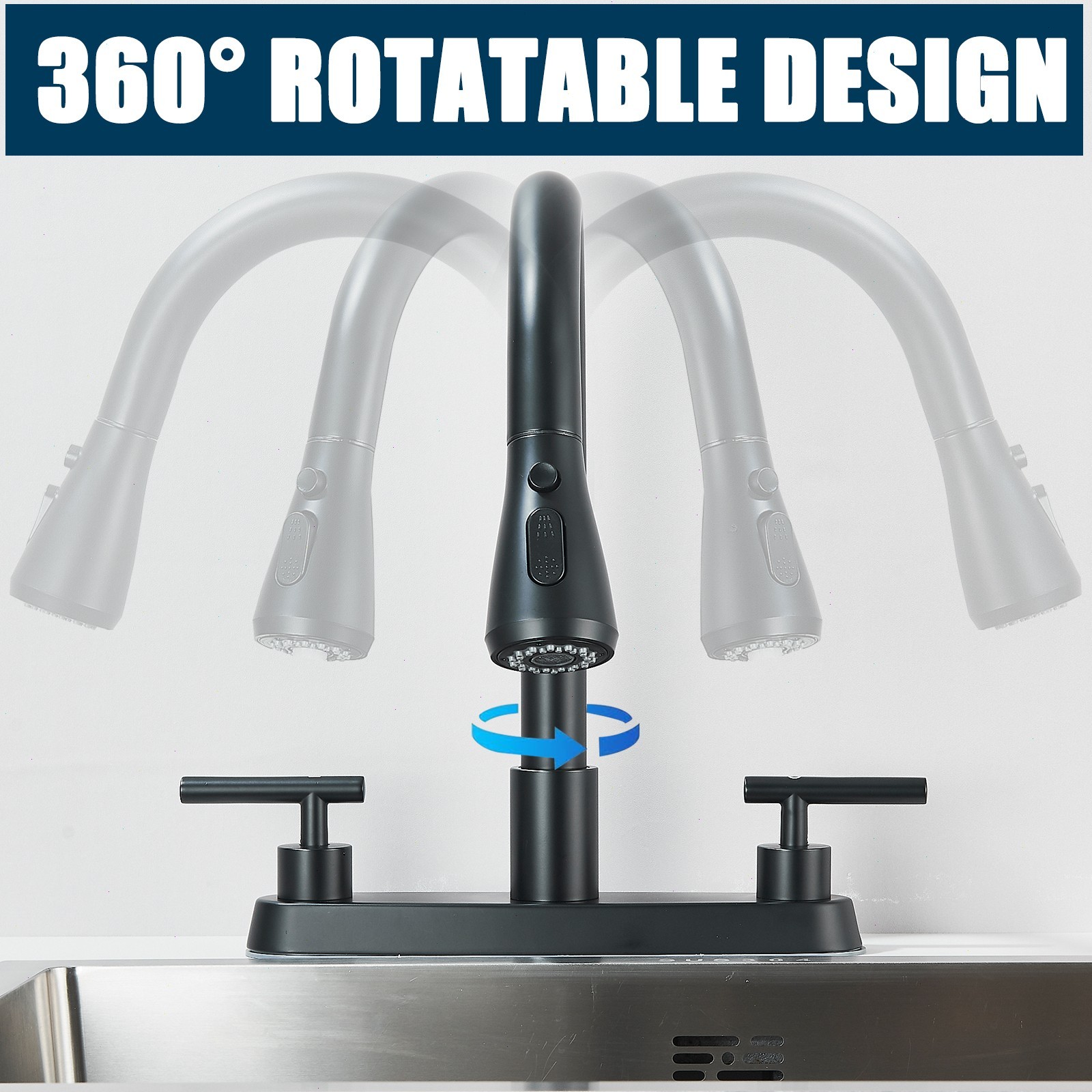3 Hole Kitchen Faucet Pull Down Sprayer 8"Centerset 2 Handle with Soap dispenser