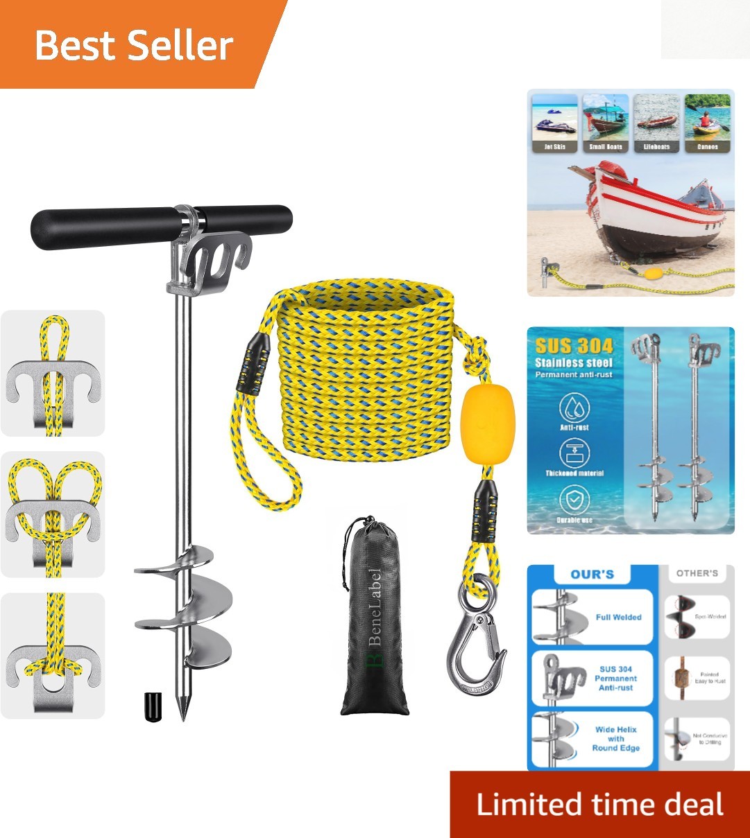 Portable 17" Spiral Sand Anchor with 32ft Rope - Ideal for Kayaking & Jet Skiing