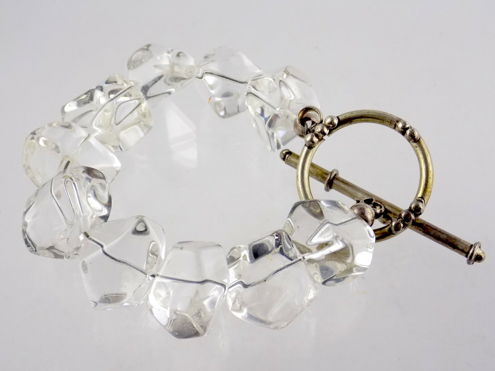 Unmarked Toggle Clasp Colorless Quartz Rock Crystal Bracelet Handmade 6.25 Inch