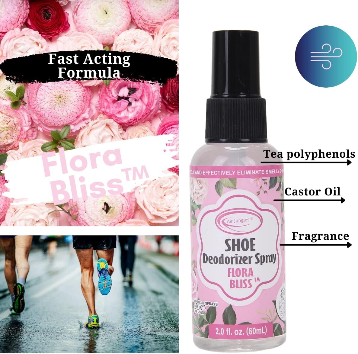 Shoe Deodorizer Spray, Shoe Odor Eliminator Flora Bliss Scent 2 fl oz (2 pk)