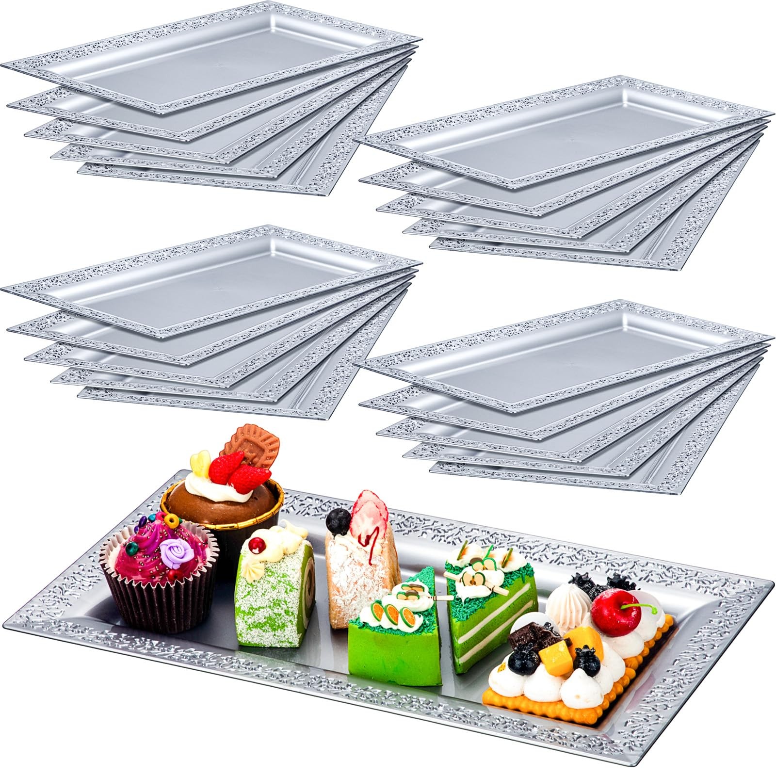 Maxcheck 24 Pcs Plastic Serving Tray Platter Set 14 x 7.5 Inches Lace Rim Servin