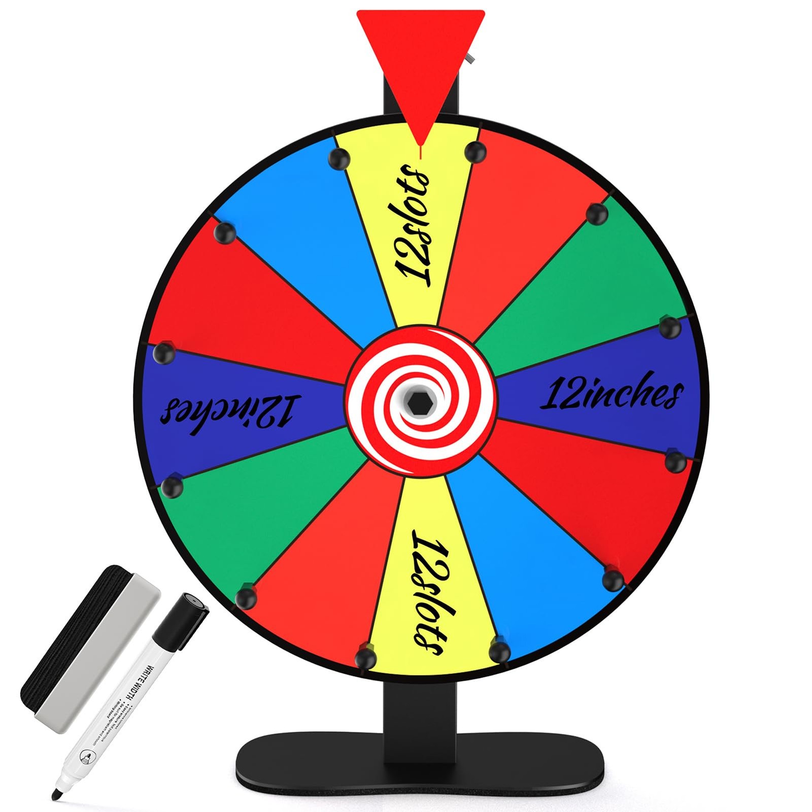 12-Inch Color Prize Wheel, 12 Slot Editable Spinning Wheel with Dry Erase Boa...