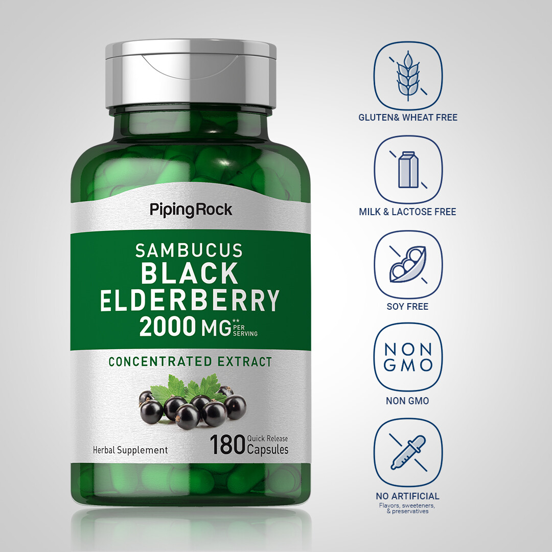 Sambucus Elderberry Capsules | 2000mg | 180 Count | Non-GMO | by Piping Rock