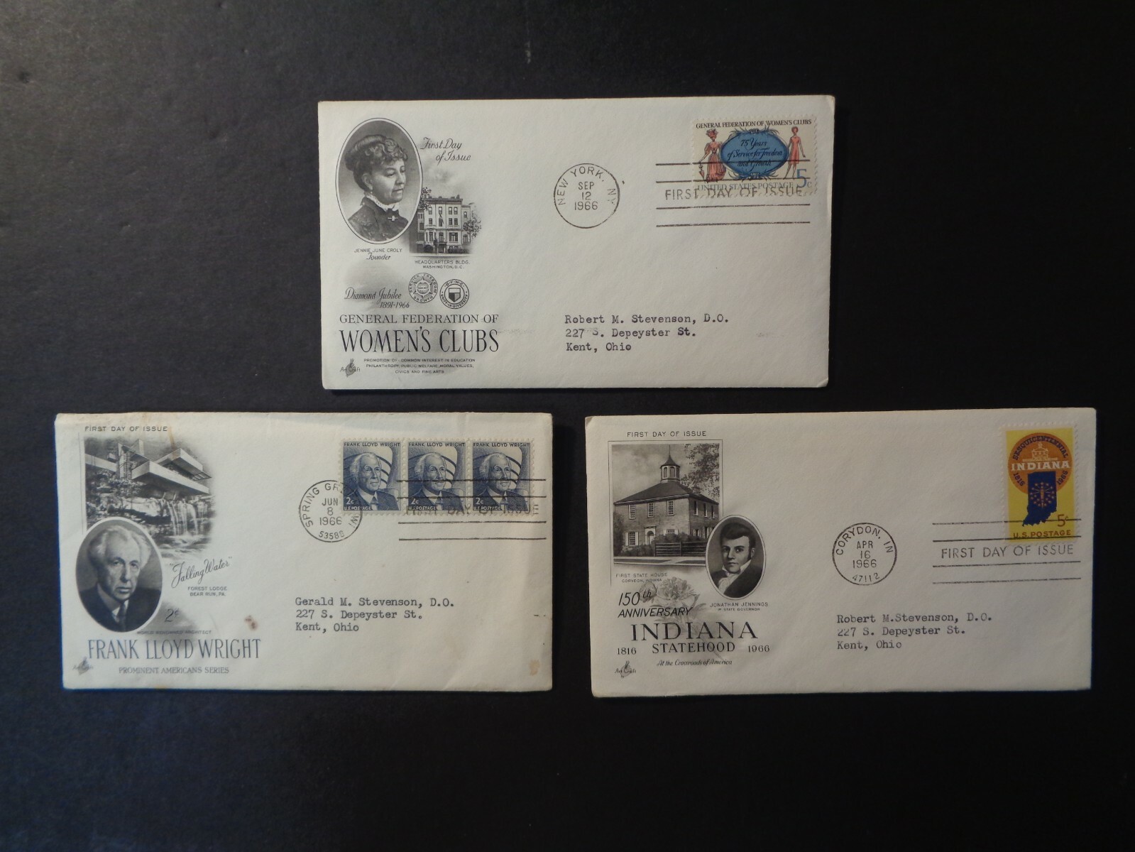 Vintage stamped lot of 3 First Day Covers, 1966 NY, Frank Lloyd Wright, Indiana