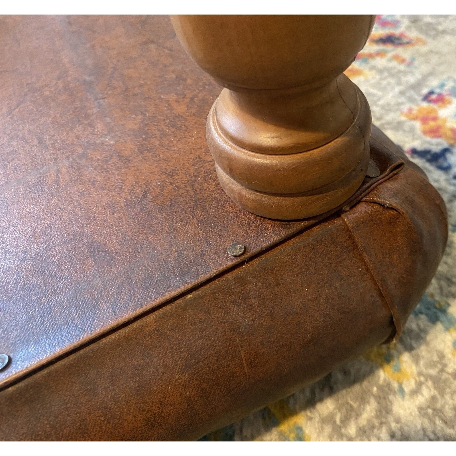 Vintage Maple Wood & Brown Vinyl Upholstered Footstool Carved Legs Dark Academia
