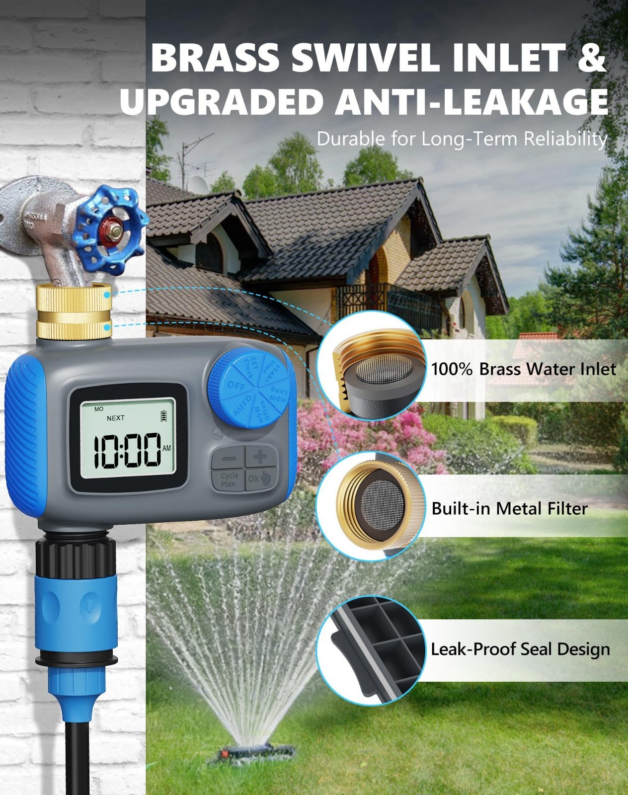 Digital Sprinkler Timer with Brass Swivel - Automatic Watering System for Garden