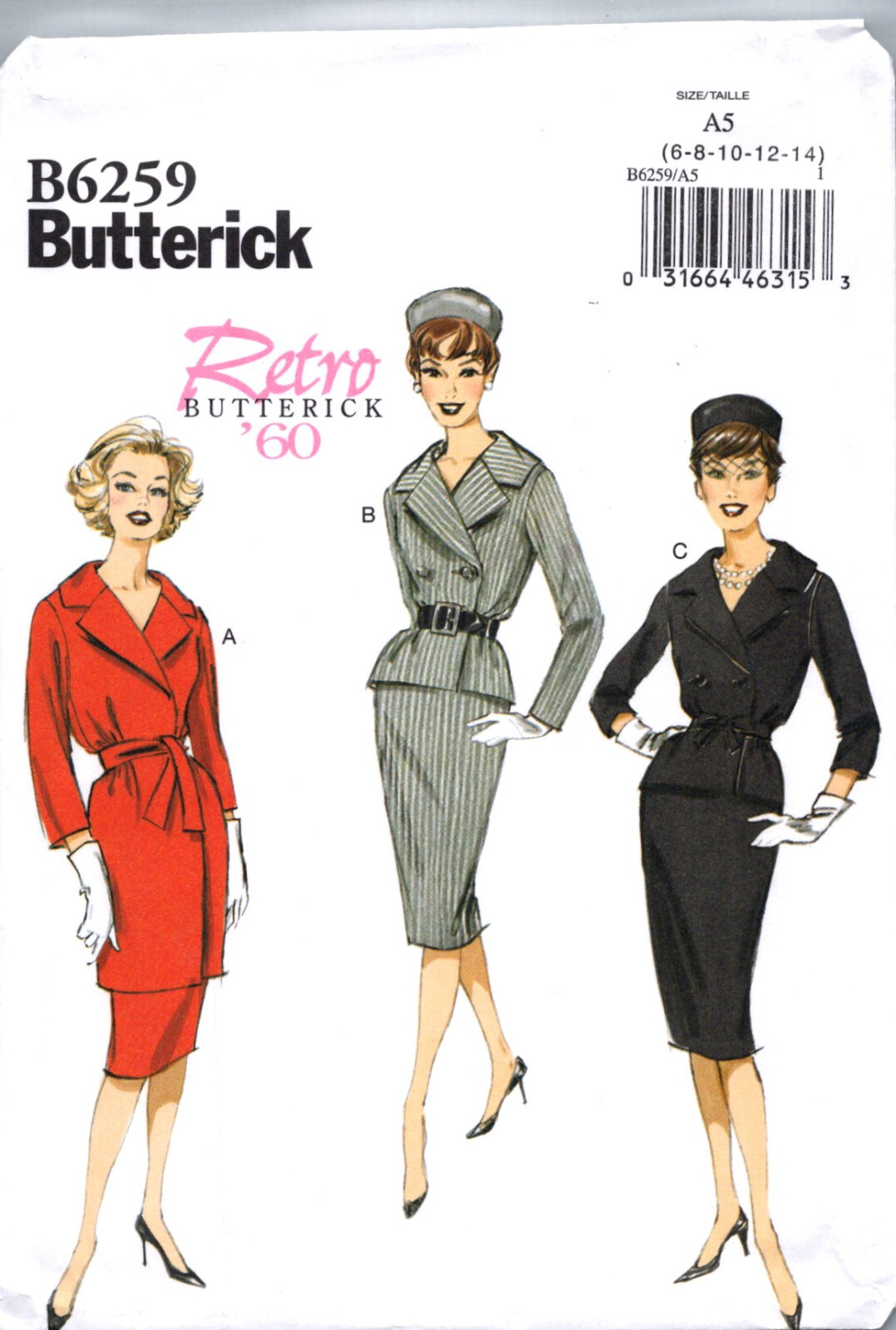 OOP Butterick 6259 Vtg Retro 60s Skirt Suit Double Breast Jacket Sewing Pattern