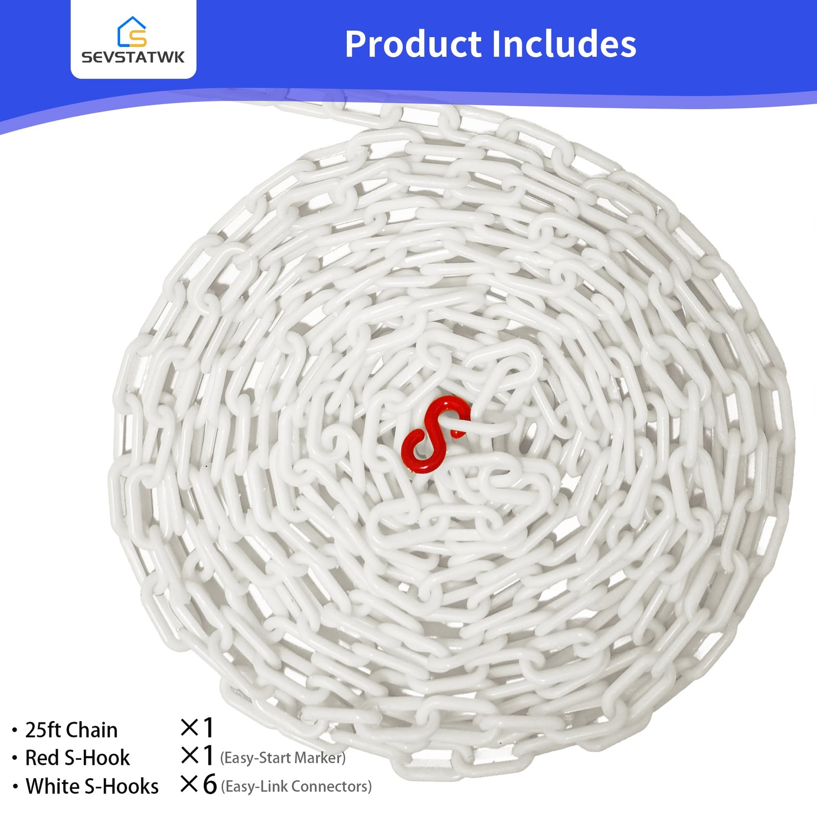 SEVSTATWK White Plastic Chain 25ft, 1.42" Link, High Visibility 25ft