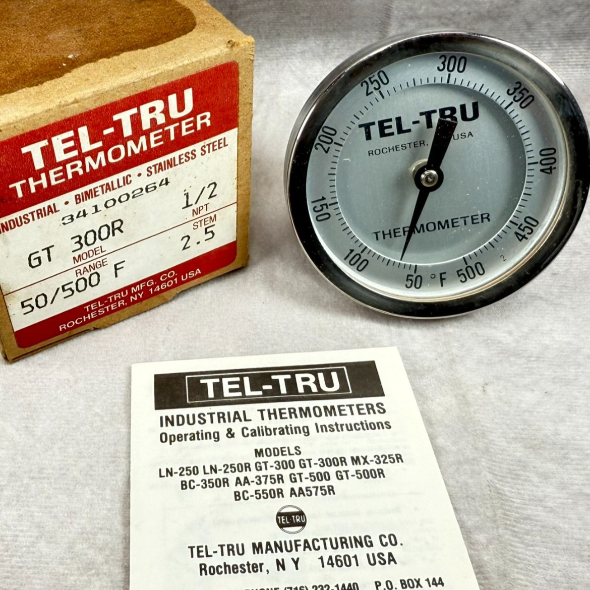 TEL-TRU GT300R Thermometer 50-500°F 2.5" Stem 1/2" NPT Industrial Bimetallic NOS