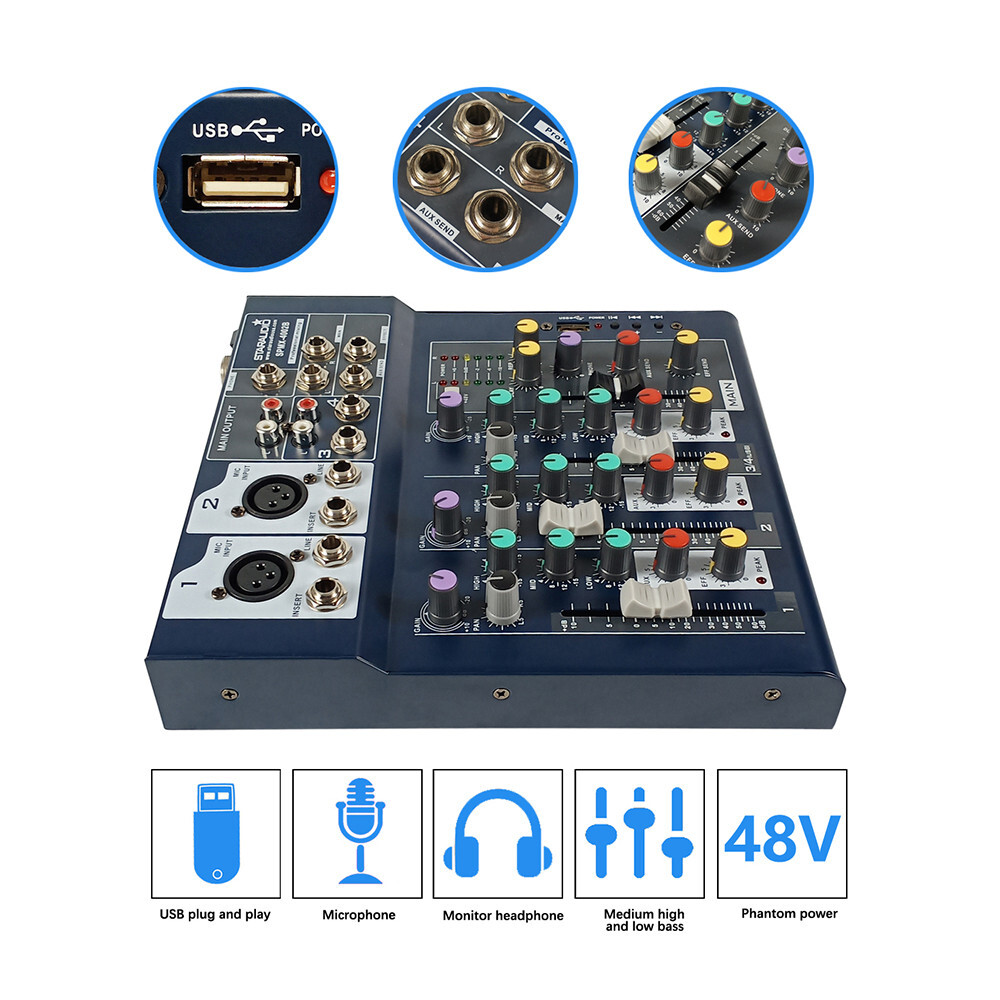 4CH Audio Mixer DSP Console Echo Effect Processor USB Interface Mixing System