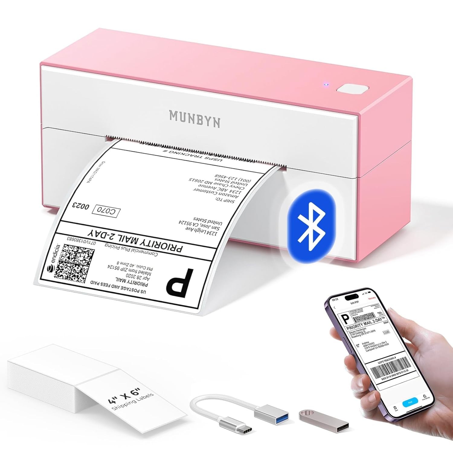 MUNBYN Bluetooth Thermal ship Label Printer, with iOS, Android, PC, Chrome OS