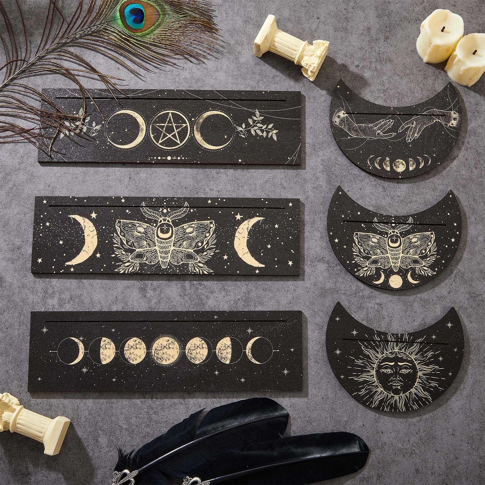 Queekay 6 Pieces Wooden Tarot Card Holder Stand Include Deck black
