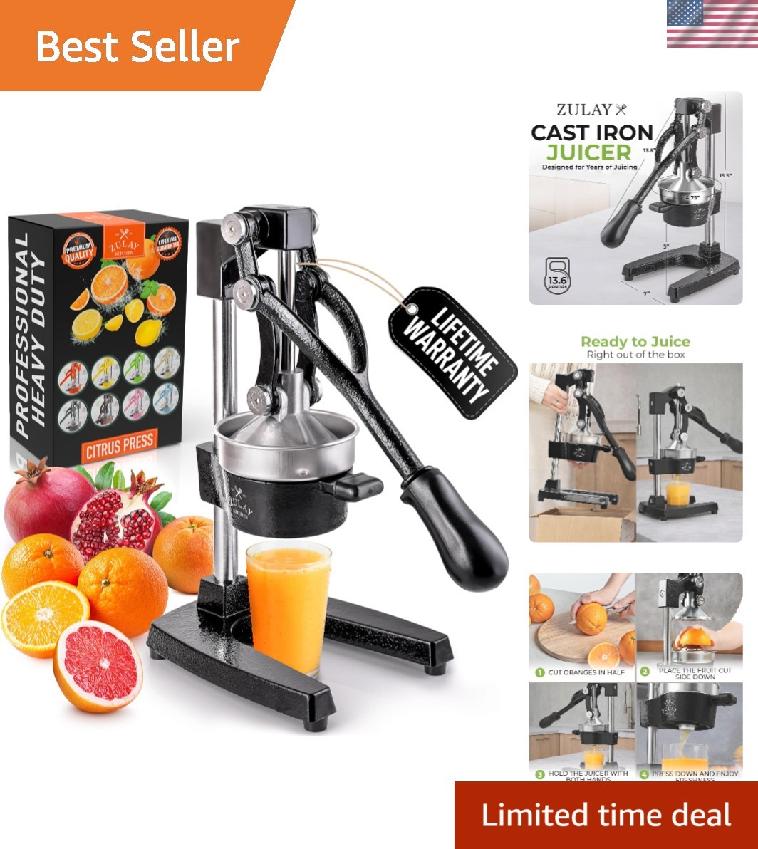 Heavy-Duty Manual Citrus Juicer - Cast Iron & Stainless Steel, Easy to Clean