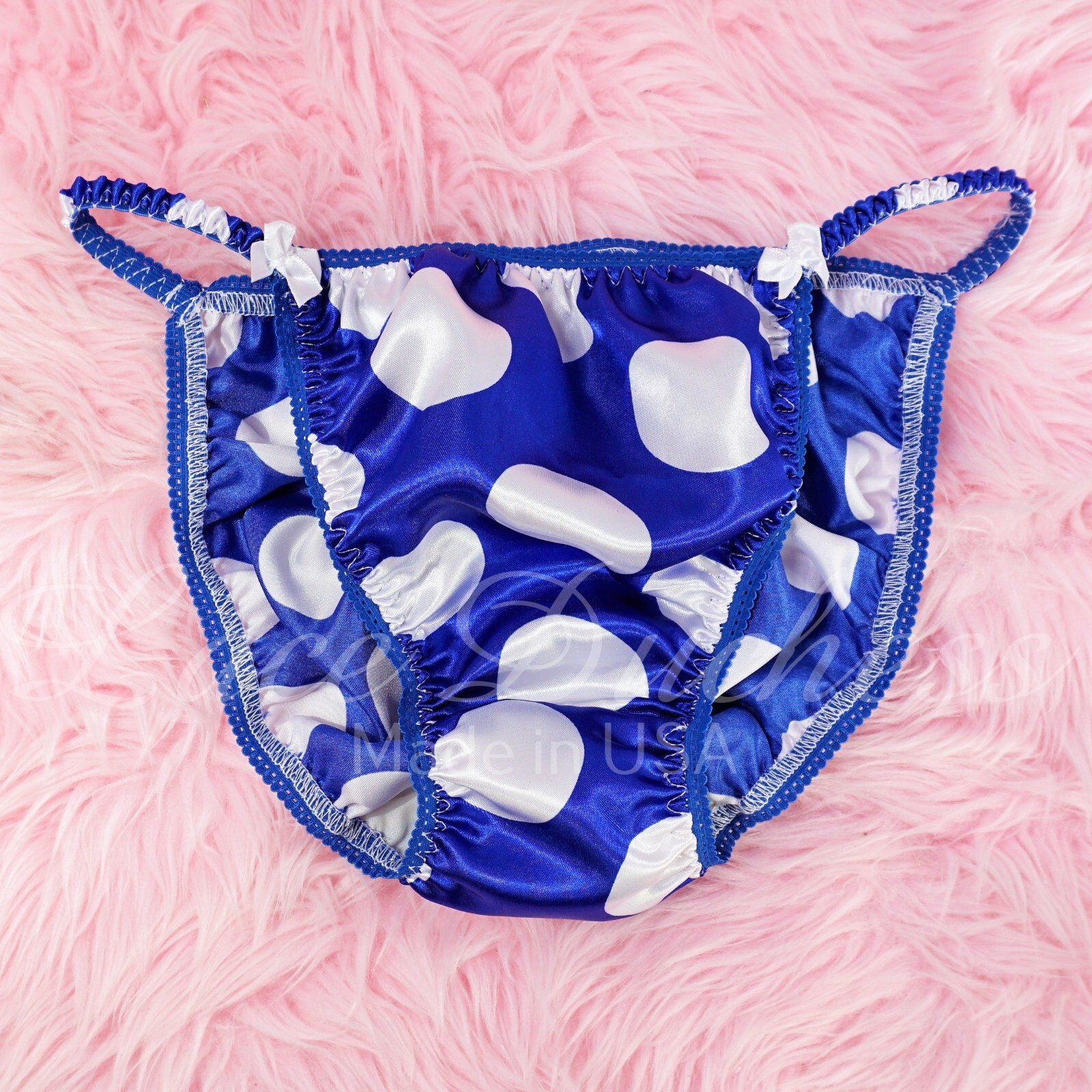 Sissy Satin Panties for MEN - DUCHESS CUT Blue White Polka Dot string Bikini