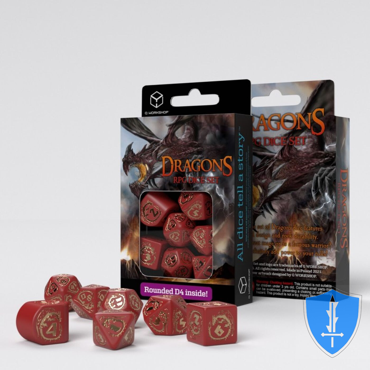 Q-Workshop Dragons Modern Dice Set (7) Red/Gold D&D RPG