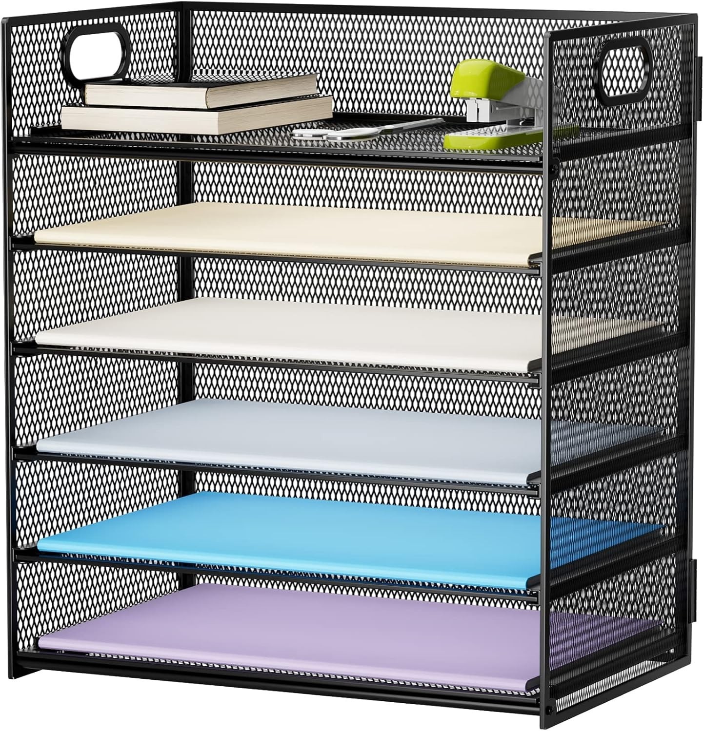 6 Tier Paper Organizer Letter Tray - Mesh Desk File Organizer with Handle Pap...