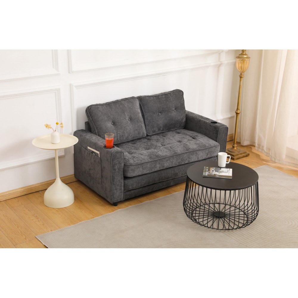 55" 3-Fold Dark Gray Convertible Futon Sleeper Sofa – Velvet Linen Fabric