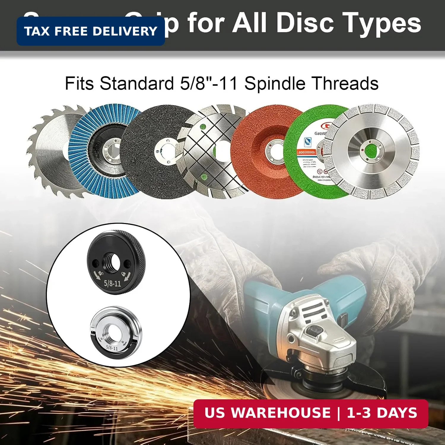 2-Pack 5/8"-11 Angle Grinder Flange Nuts, Tool-Free Quick Release Locking Kit. S