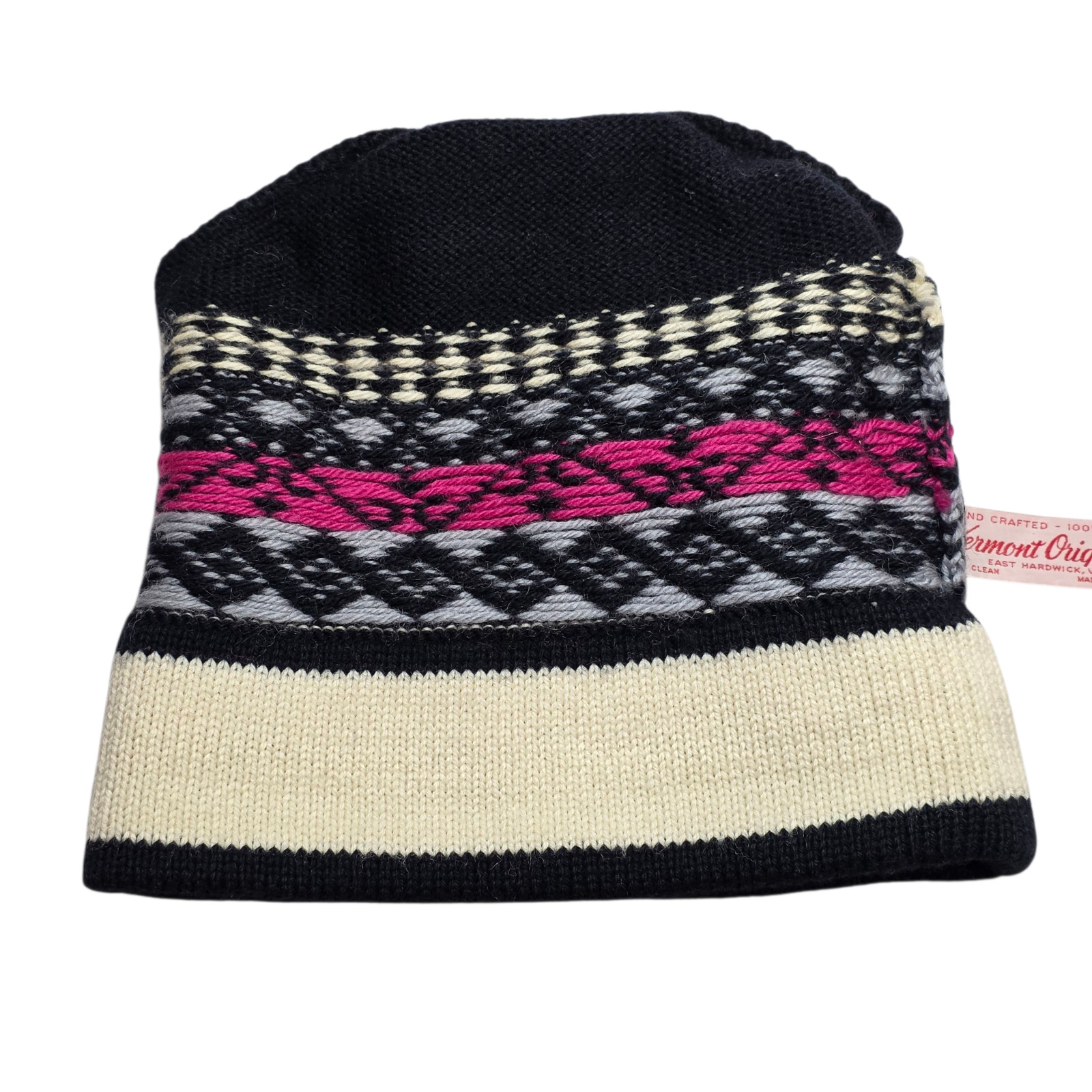 VTG Vermont Originals Wool Beanie Womens Black Knitted Paisley Peruvian Fringe