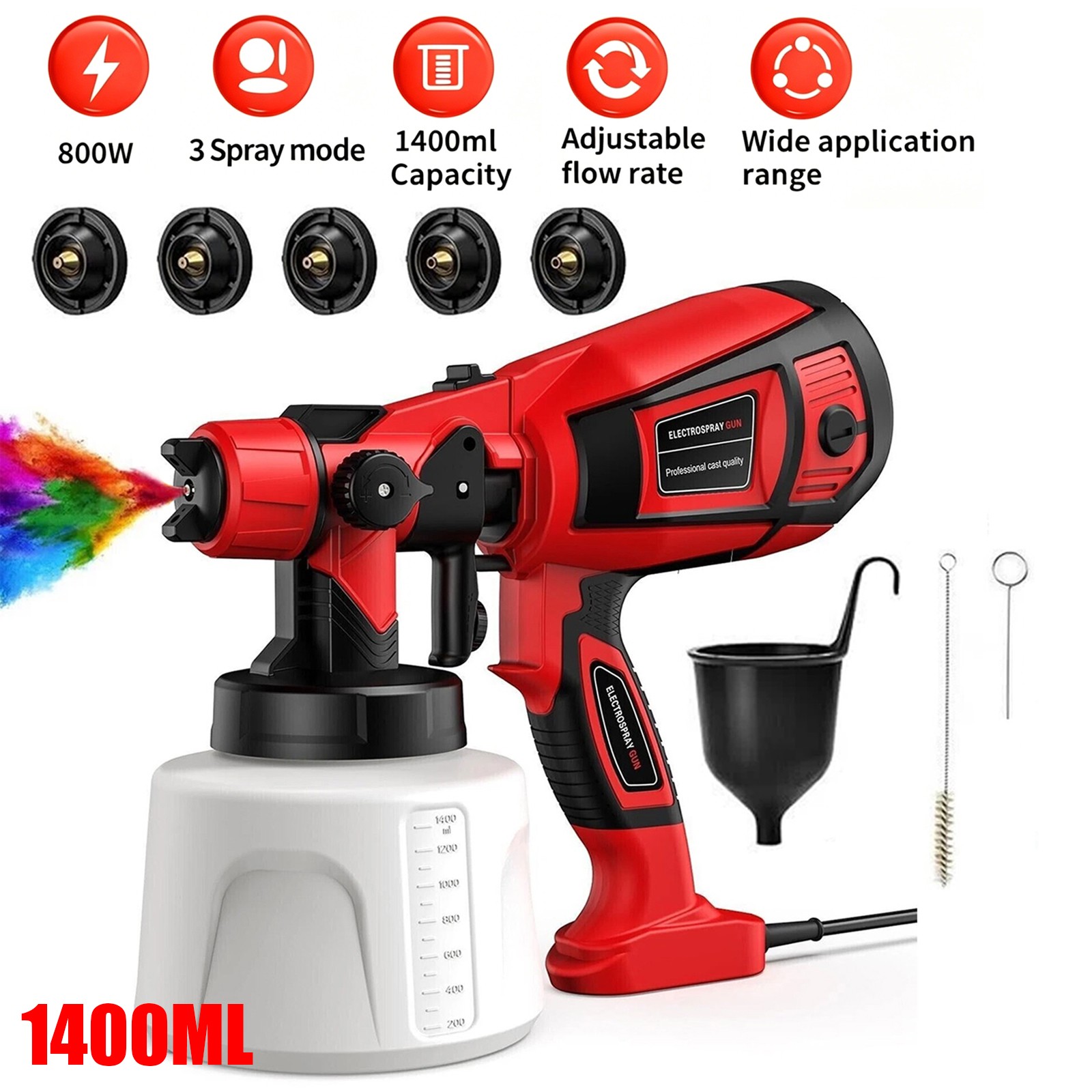 800W High Pressure Electric Paint Sprayer, 1400ML HVLP Spray Paint Gun 5 Nozzles