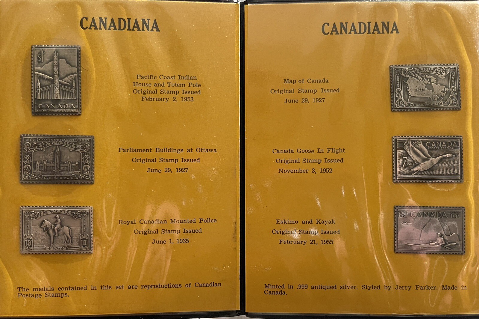 6 DIFFERENT  CANADIAN POSTAGE STAMPS MINTED IN .999 ANTIQUE SILVER WITH CASE!