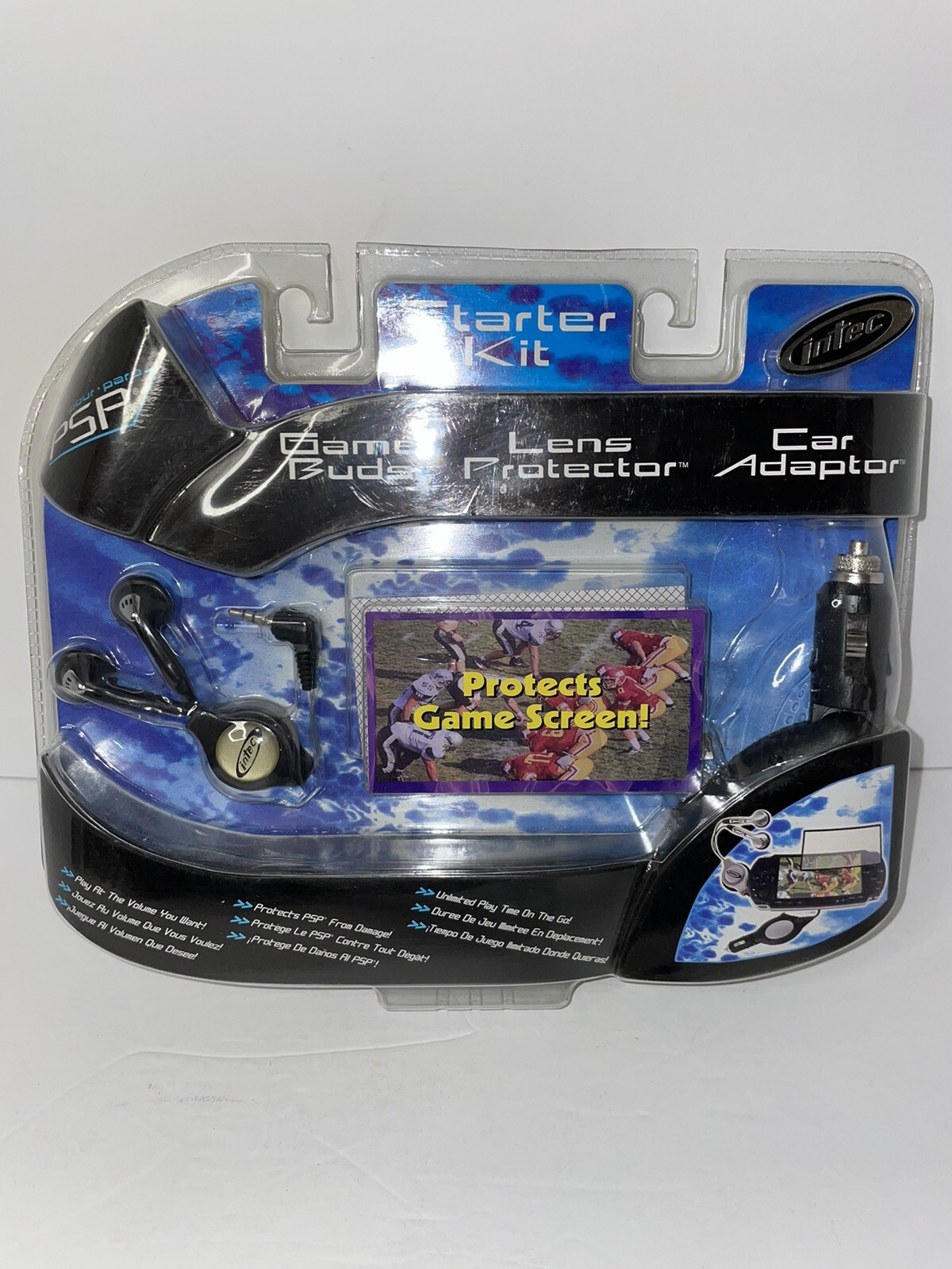 Intec Starter Kit For Sony PSP W/Lense Protector, Game Buds, Car Adaptor. New