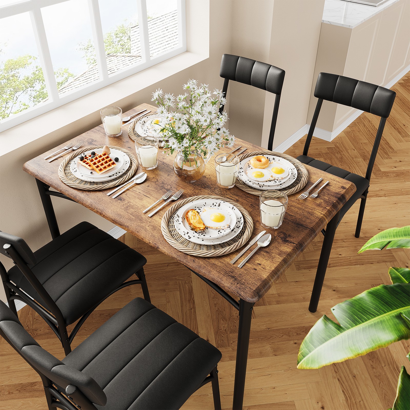 Industrial Dining Table Space-Saving Kitchen Table with 4 Upholstered Chairs