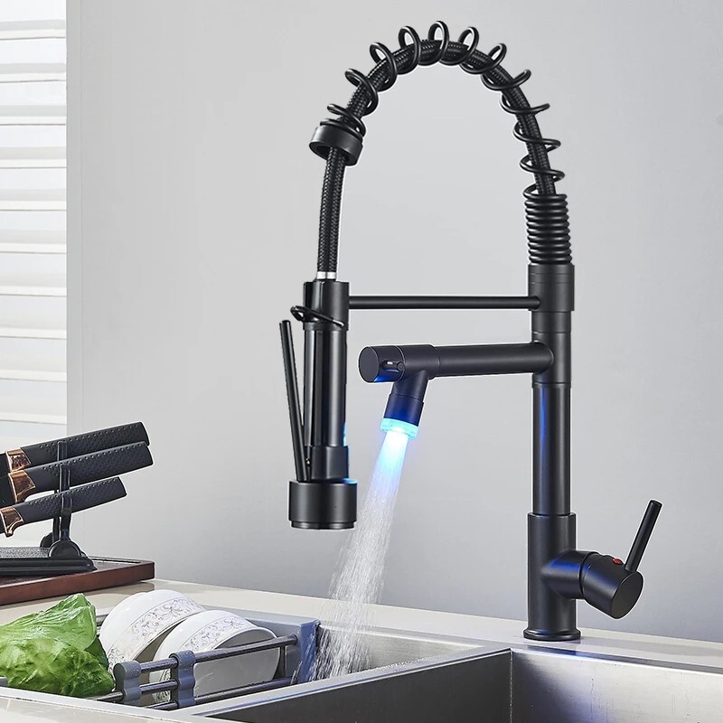 Commercial Matte Black LED Kitchen Sink Faucet Pull Down Sprayer Single Hole Tap