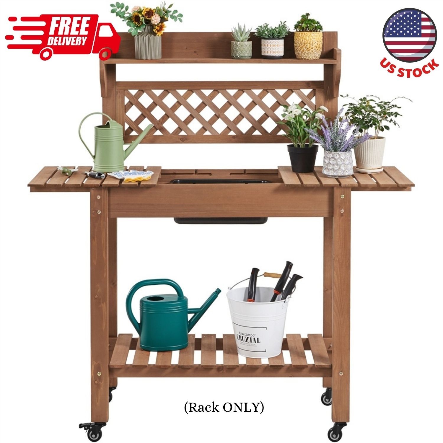 Rolling Garden Potting Bench with Sliding Tabletop & Open Storage Shelf, Brown