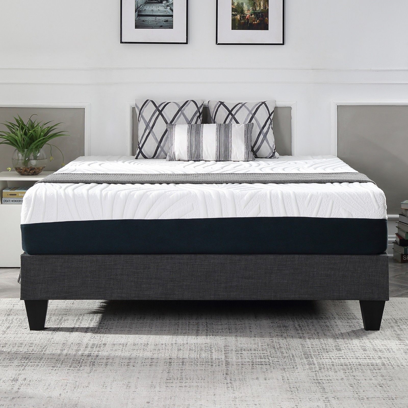 Grey Polyester Upholstered Platform Bed Frame, California King