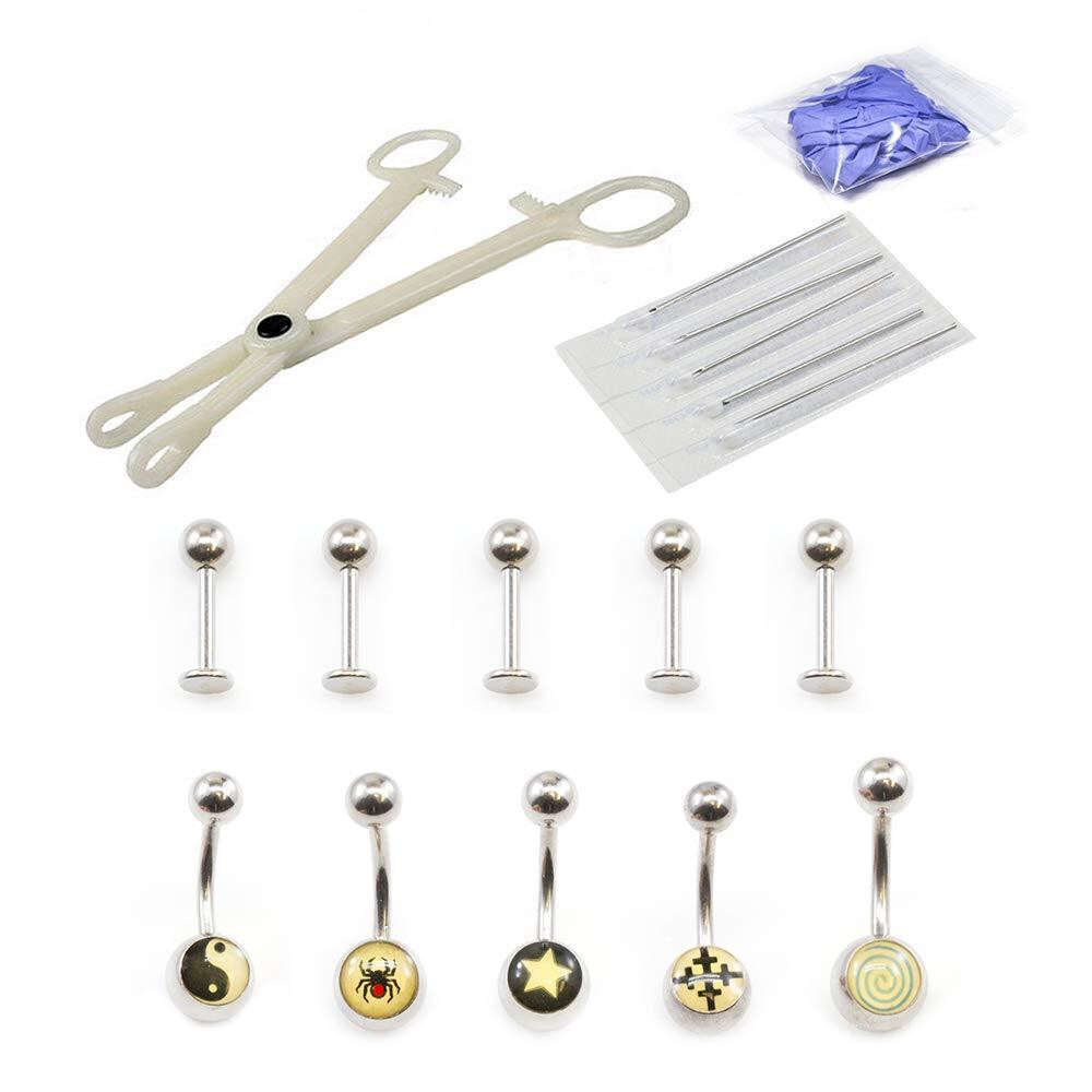 Piercing Kit 14g Belly Ring, Labret, Disposable forceps, Needles and Gloves.