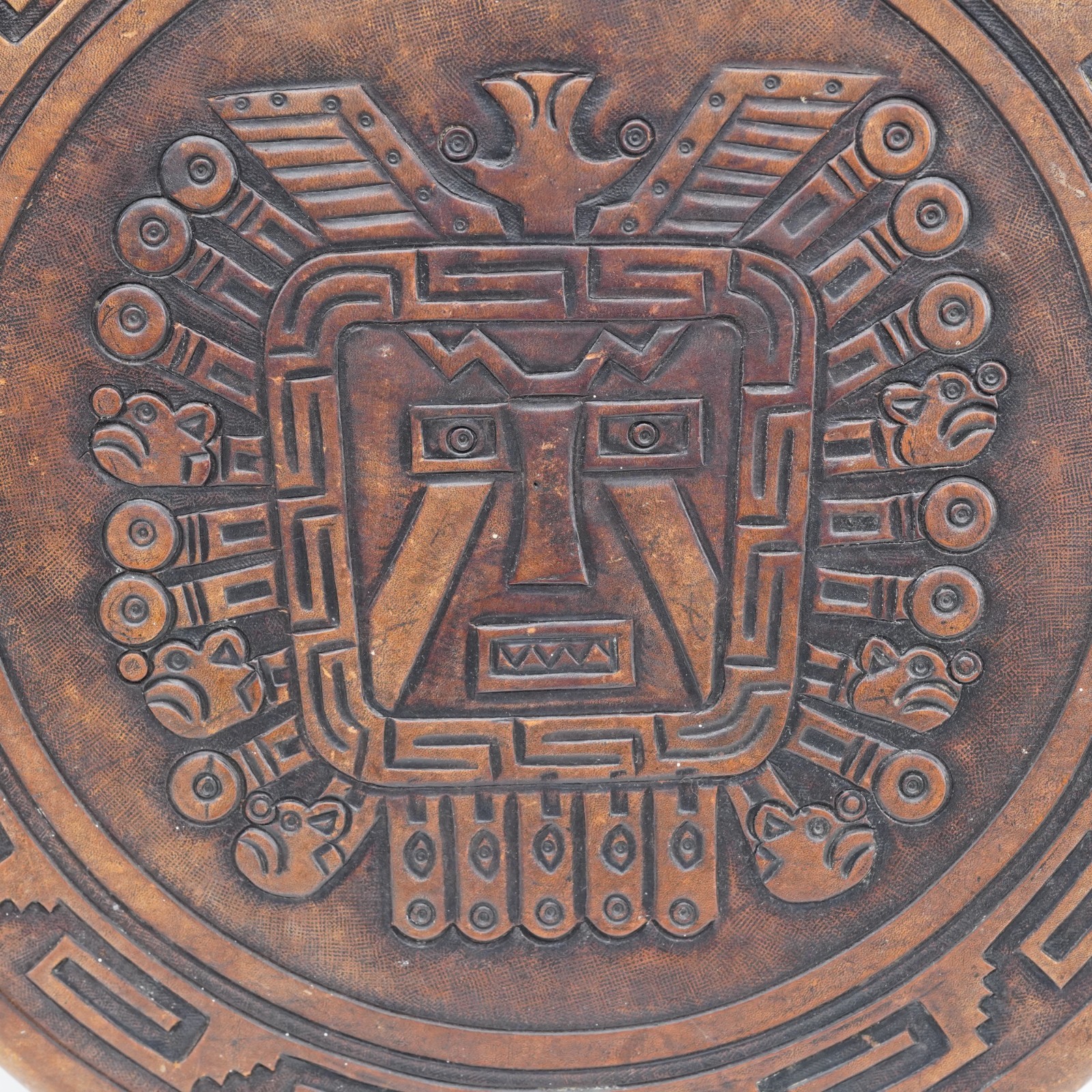 Pair Of Hand Tooled Leather Top Stool's Peru Mayan Aztec Warrior