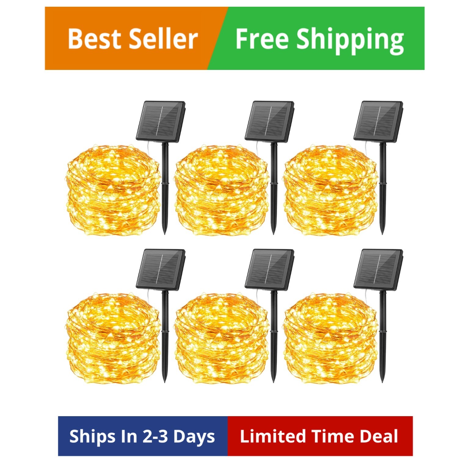 Outdoor Solar String Lights, 6 Pack 33Feet 100 Led Solar Powered Fairy Lights...