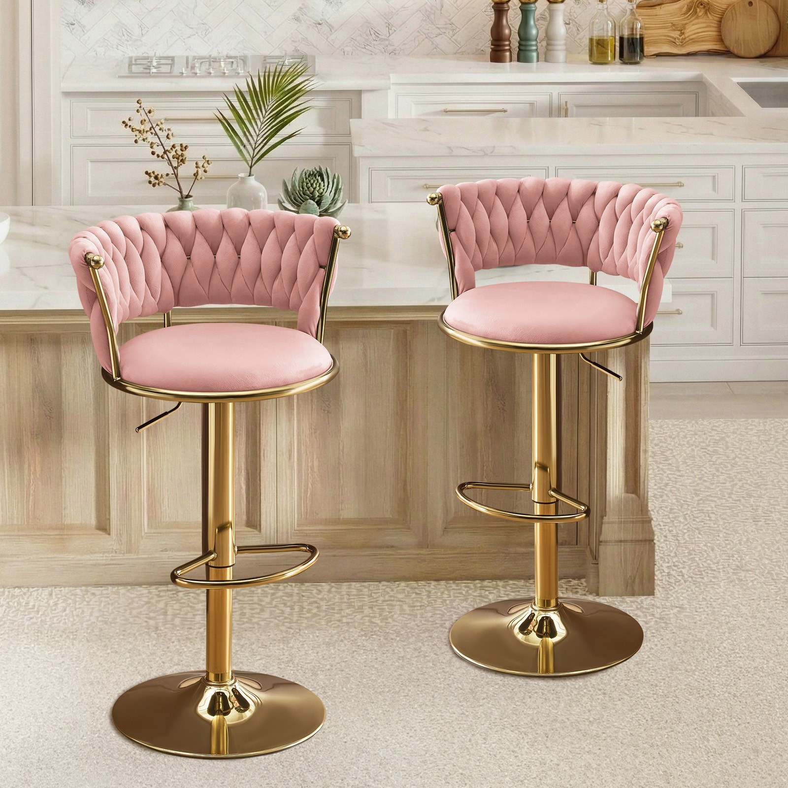 2× Swivel Bar Stools,Adjustable Height,Quality Velvet Upholstery,w/Back&Footrest