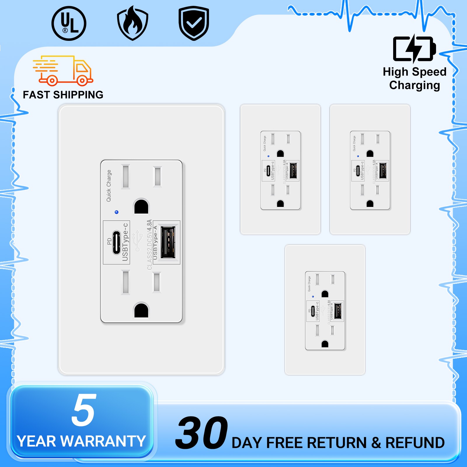 4PCS 15A AC Wall Outlet w/ 24W PD USB TYPEC 4.8A Fast Charge Port UL Listed TR