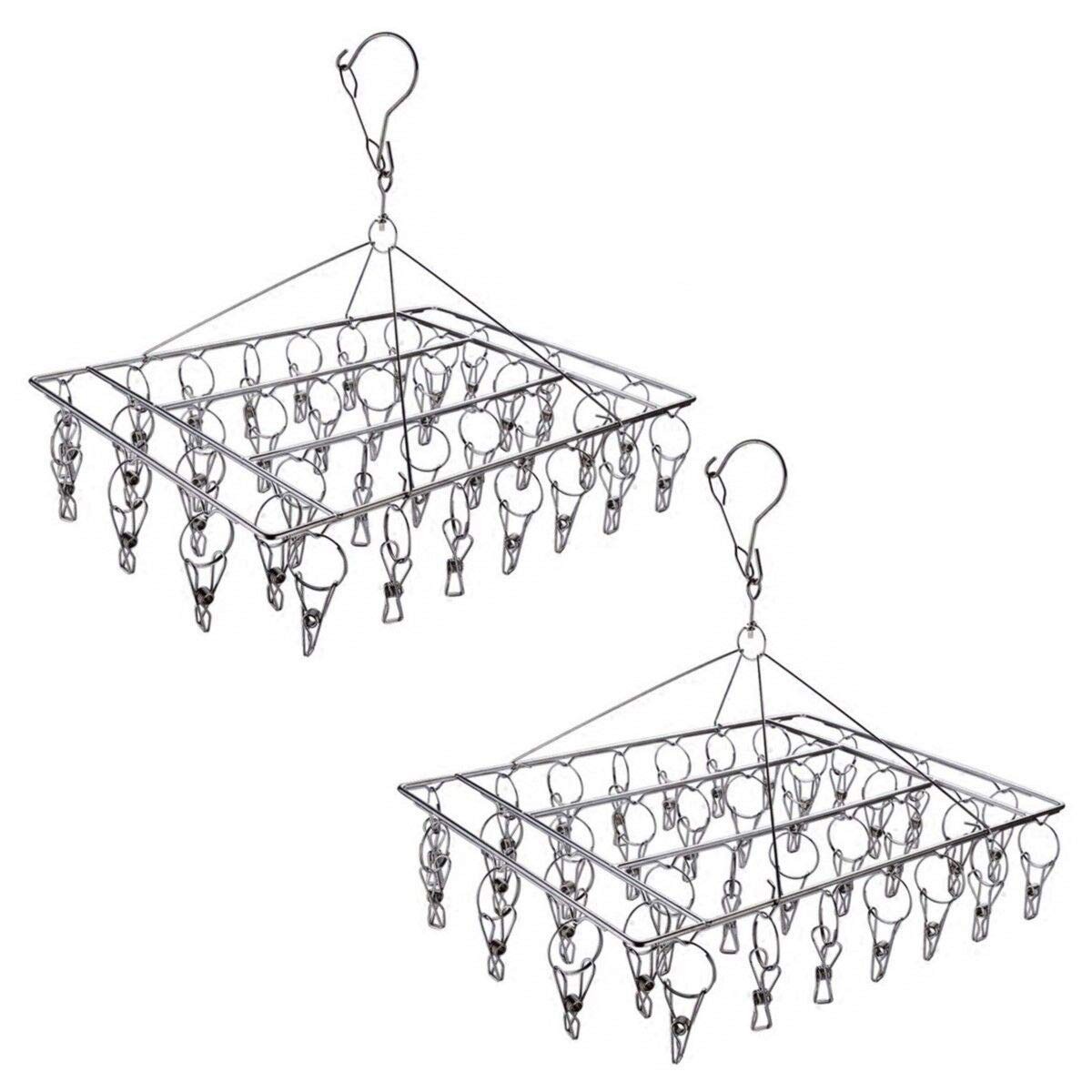 2 Pack Stainless Steel Sock Drying Rack with 72 Clips, Swivel Wind-Proof Hook...