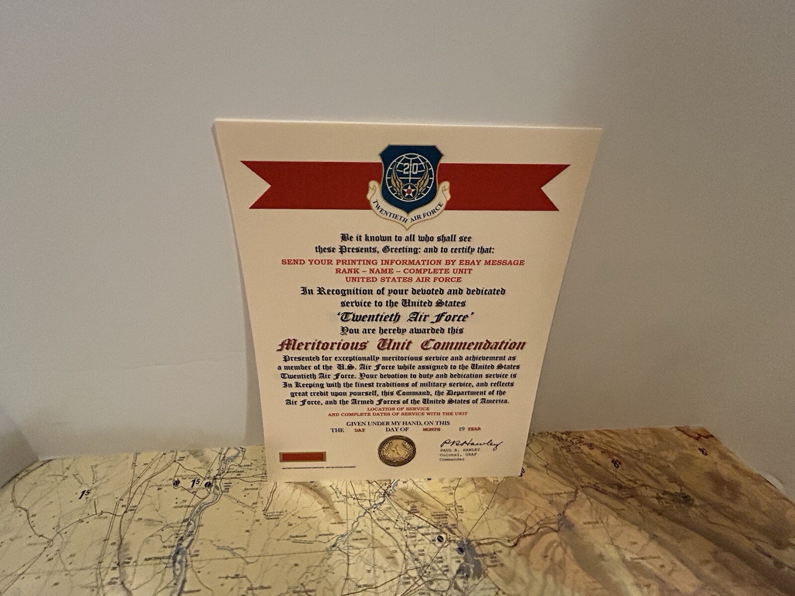 U.S. AIR FORCE / 20TH AIR FORCE - MERITORIOUS UNIT COMMENDATION CERTIFICATE
